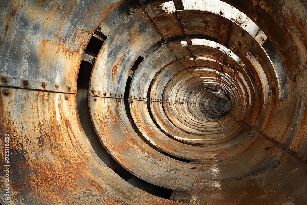Rusty cylindrical tunnel interior viewed from the entrance showing metal walls worn by time and erosion in a dimly lit environment. Generative AI Rusty cylindrical tunnel interior viewed from the entrance showing metal walls worn by time and erosion in a dimly lit environment. Generative AI