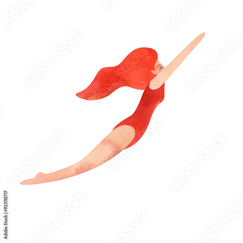 An athlete, a woman in a red swimsuit and long red hair, is swimming. Watercolor illustration isolated for the design of diplomas and sports certificates, advertising of swimming pools, competitions photo