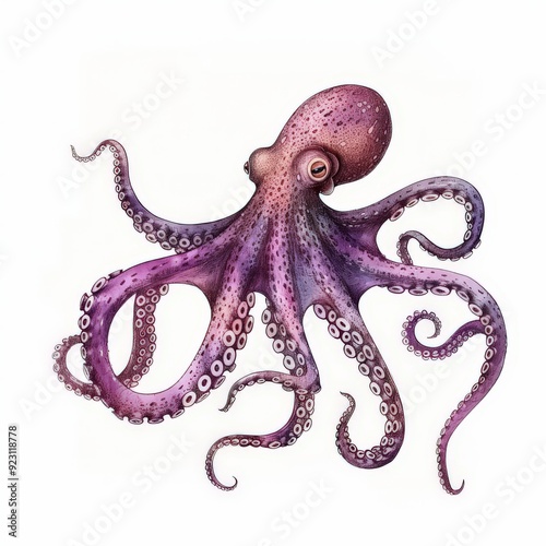 Watercolor octopus, squid engraved ocean animal, marine seafood vector illustration on white background