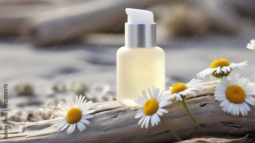 Mock up serum essence or any beauty product from natural ingredients standing on driftwood surrounded flowers medicinal chamomile. Mock up serum essence or any beauty product from natural ingredients standing on driftwood surrounded flowers medicinal chamomile.
