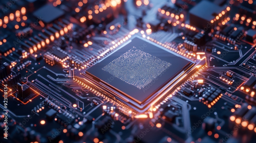 Detailed Close-up of an AI Chip on a Circuit Board Detailed Close-up of an AI Chip on a Circuit Board