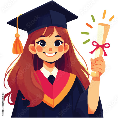 a happy young girl in a cap and gown with a diploma in his hand