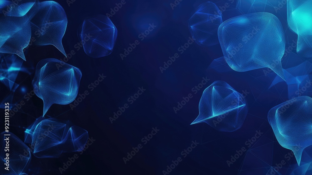 Futuristic communication banner with illuminated speech bubbles and a dark blue polygonal background. Perfect for dialogue and virtual networking with plenty of room for text. -