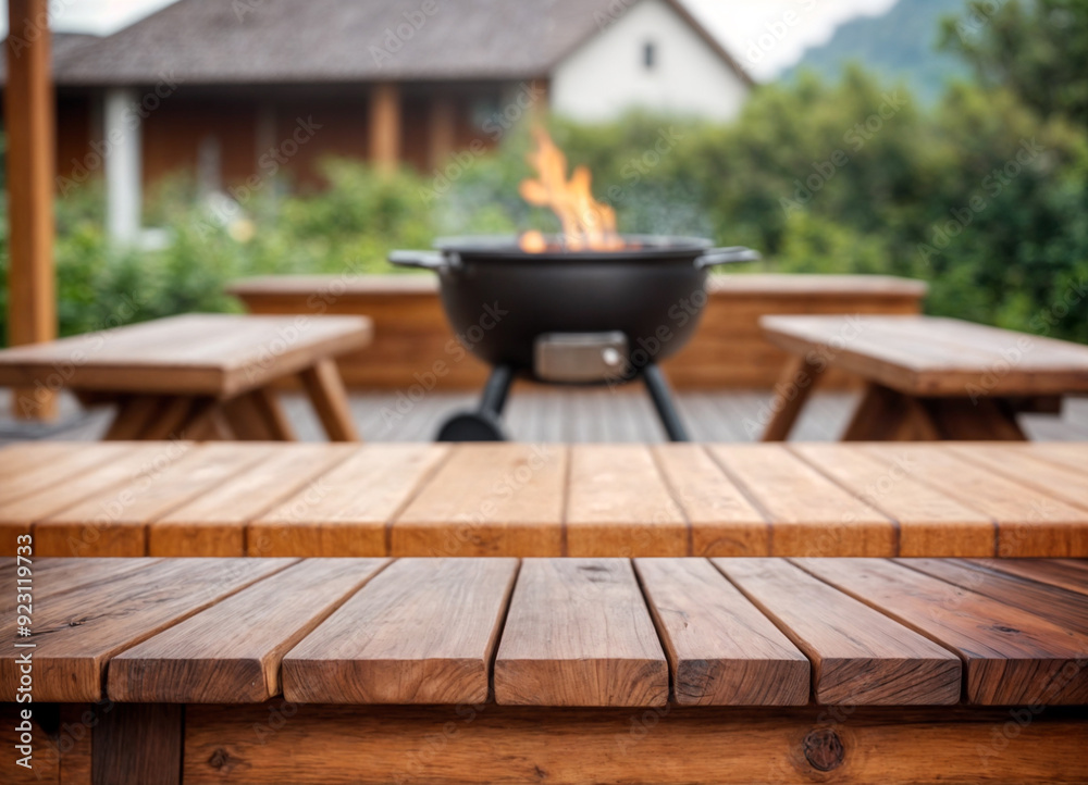 Empty wood table with blur BBQ space for background Empty wood table with blur BBQ space for background