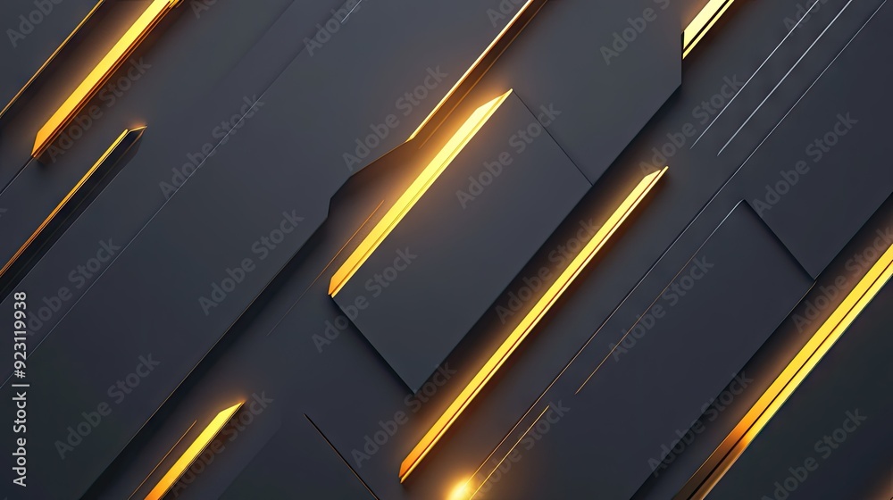 Futuristic vector illustration of gold light arrows on a grey backdrop. The geometric design provides a sleek and modern aesthetic with significant blank space for customization.