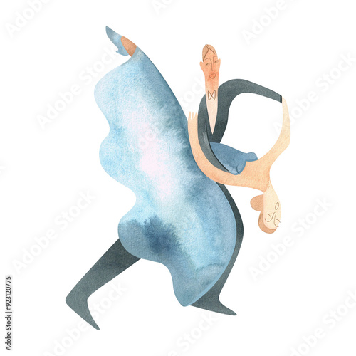 watercolor dancers in blue dress, dancing clip art preview