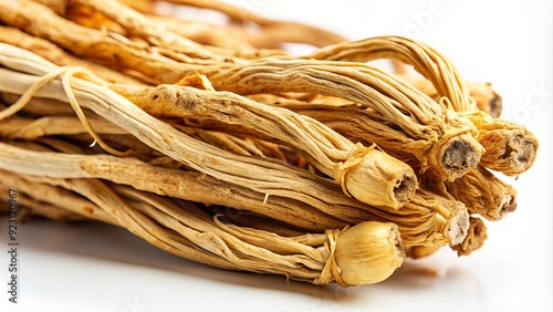 Close-up of dried Chinese angelica root, also known as Dong quai, with its distinctive thick, beige-colored stem and twisted, curved shape. photo