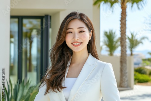 An Asian woman in a white suit smiles confidently while posing outdoors, with a backdrop of modern architecture and office buildings.