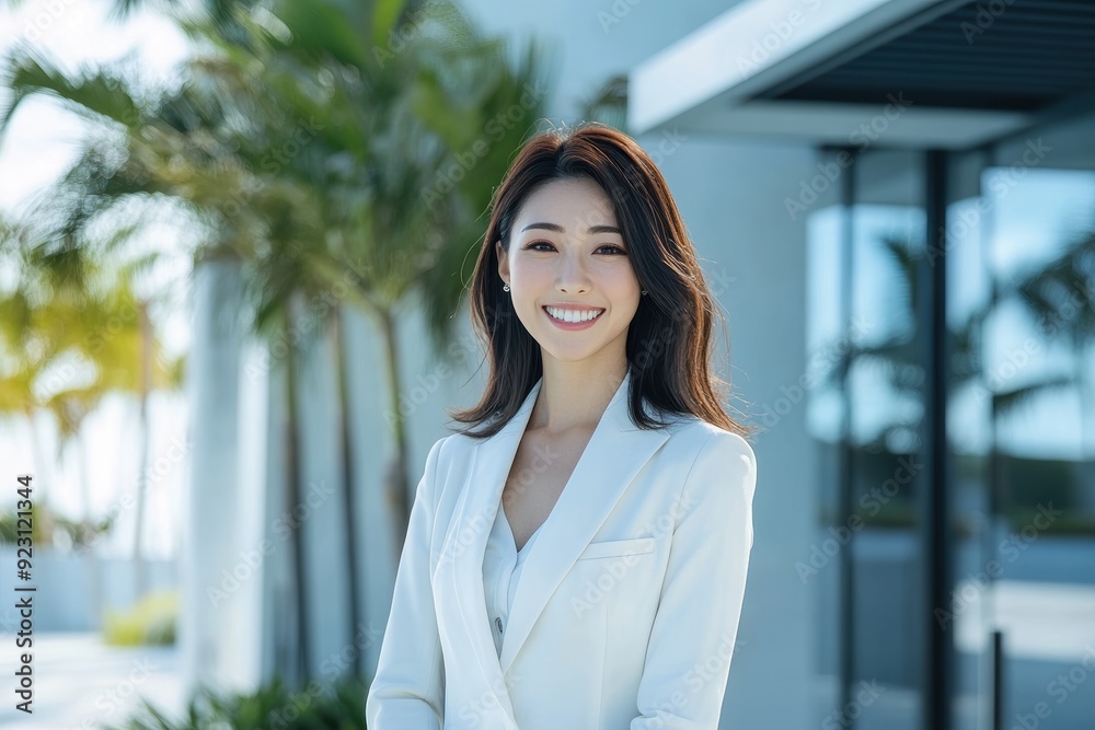 An Asian woman in a white suit smiles confidently while posing outdoors, with a backdrop of modern architecture and office buildings. An Asian woman in a white suit smiles confidently while posing outdoors, with a backdrop of modern architecture and office buildings.