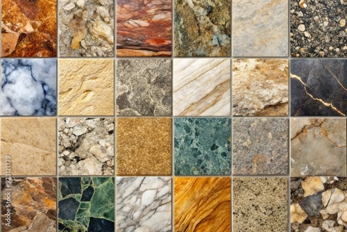 Diverse collection of stone textures showcasing natural patterns, colors, and formations, including granite, marble, slate, and limestone, for architectural and design references. photo