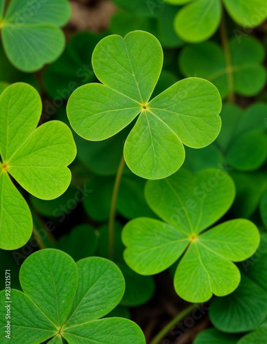 Green shamrock natural background. Selective focus on a central leave