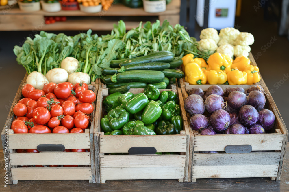 Wooden crates filled with fresh vegetables at a market, including tomatoes, bell peppers, zucchini, and eggplants. Wooden crates filled with fresh vegetables at a market, including tomatoes, bell peppers, zucchini, and eggplants.