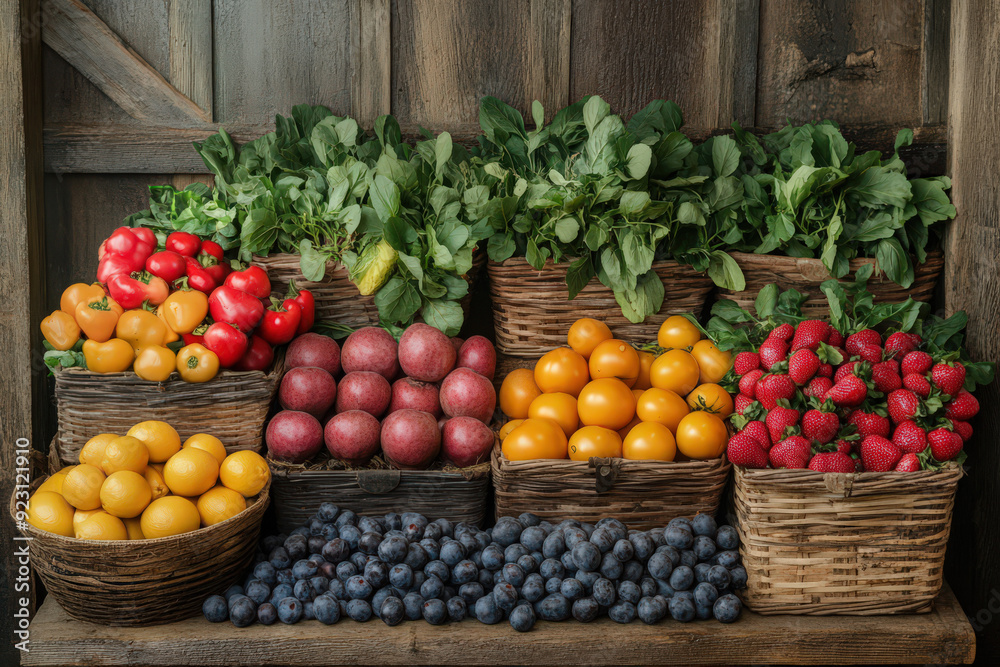 A colorful display of fresh fruits and vegetables in rustic wicker baskets on a wooden shelf, showcasing a variety of produce. A colorful display of fresh fruits and vegetables in rustic wicker baskets on a wooden shelf, showcasing a variety of produce.