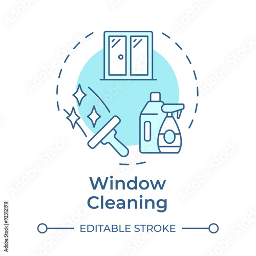 Window cleaning soft blue concept icon. Detergent bottles, squeegee. Cleanup equipment. Round shape line illustration. Abstract idea. Graphic design. Easy to use in infographic, presentation