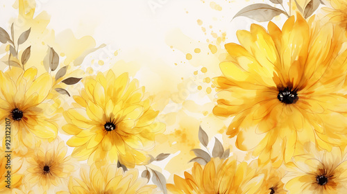 Fototapeta Naklejka Na Ścianę i Meble -  Yellow watercolor paint background with white hand drawn flowers and indian patterns.