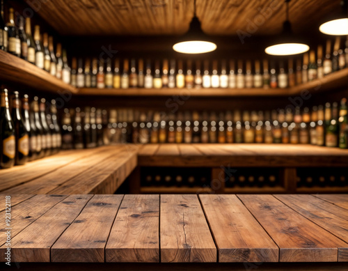 wooden table top with super blur background of wine cellar. Exuberant image photo