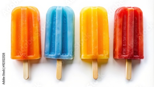 Colorful assortment of frozen treats on a stick, including orange, red, blue, and yellow icy popsicles, arranged on a white background.