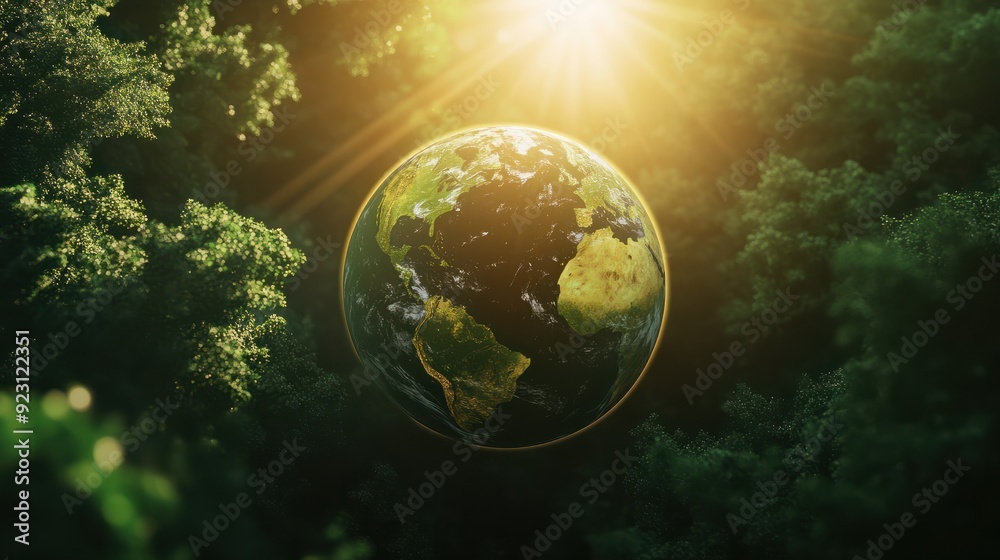 Green planet earth with green forest and sun rays. healthy environment for life, ecology concept Green planet earth with green forest and sun rays. healthy environment for life, ecology concept