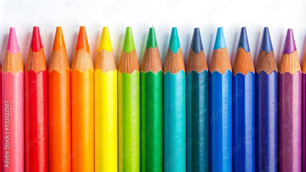 Colorful crayons in a row, each one wrapped in vibrant stripes, sit against a plain white background, evoking creativity and playful childhood memories. Colorful crayons in a row, each one wrapped in vibrant stripes, sit against a plain white background, evoking creativity and playful childhood memories.