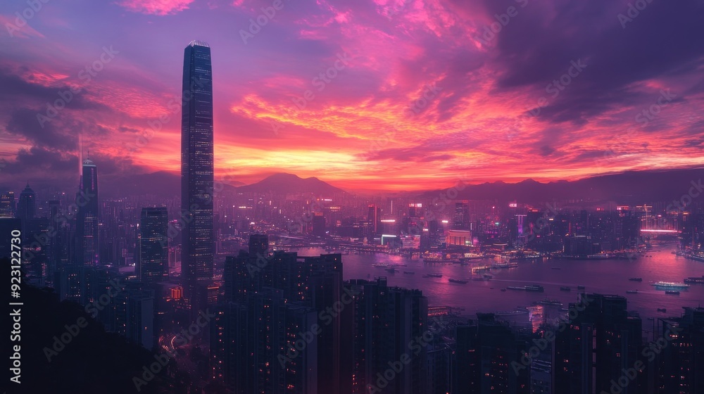 Fototapeta premium Hong Kong Cityscape with Sunset Sky