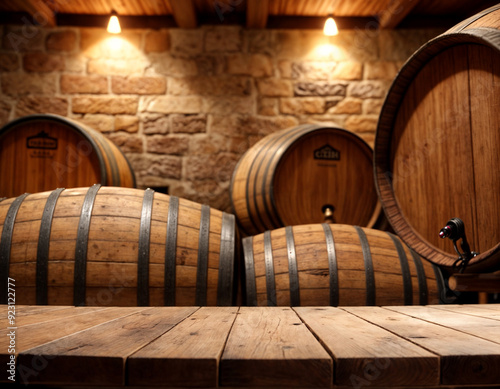 wooden table top with super blur background of wine cellar. Exuberant image