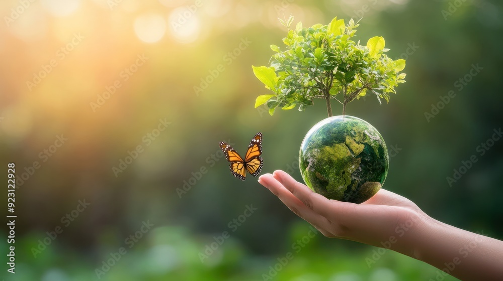 Hand holding green planet earth bulb with tree and butterfly, blurred spring green nature background, concept for environmental protection or climate change for ecology teamwork banner Hand holding green planet earth bulb with tree and butterfly, blurred spring green nature background, concept for environmental protection or climate change for ecology teamwork banner