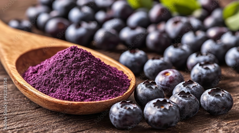 Artistic display of dark purple blueberry powder and whole berries, Antioxidant-rich foods, Fusion of natural ingredients with modern health trends Artistic display of dark purple blueberry powder and whole berries, Antioxidant-rich foods, Fusion of natural ingredients with modern health trends