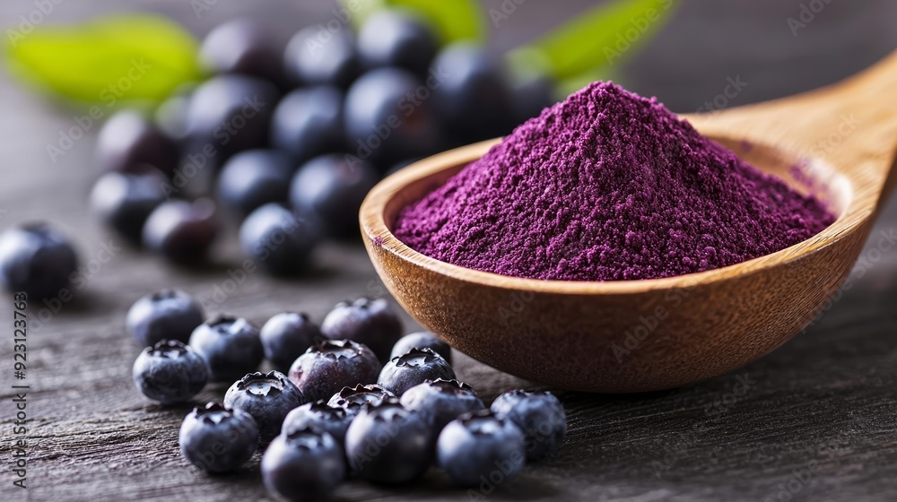 Artistic display of dark purple blueberry powder and whole berries, Antioxidant-rich foods, Fusion of natural ingredients with modern health trends Artistic display of dark purple blueberry powder and whole berries, Antioxidant-rich foods, Fusion of natural ingredients with modern health trends