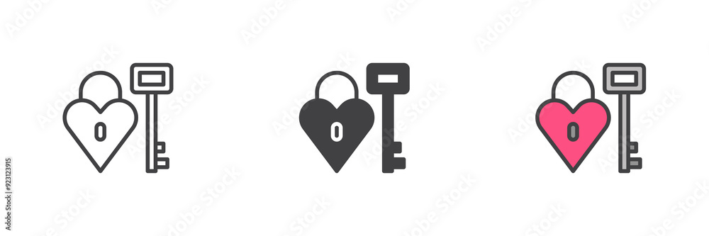 Heart shaped lock and key different style icon set Heart shaped lock and key different style icon set