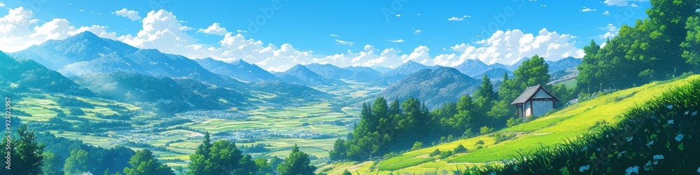 Obraz premium Enchanting Anime-Style Summer Valley in Japan: Lush Green Landscape for Creative Marketing, Children's Book Illustrations, and 4K Wallpapers. AI-Generated Dreamy Nature Scene with Stunning Game Art Ae