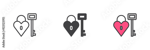 Heart shaped lock and key different style icon set