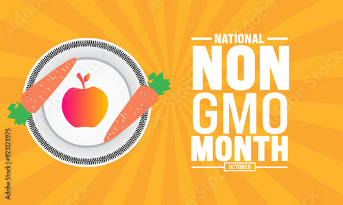  National Non-GMO Month on October . Fresh fruits and vegetables ,background, card, banner, social media post