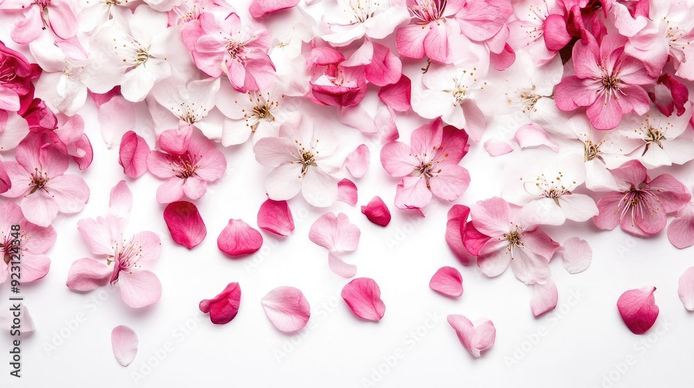 A cascade of pink and white spring tree blossoms and petals gracefully scattered on a white background, symbolizing the renewal and beauty of spring. A cascade of pink and white spring tree blossoms and petals gracefully scattered on a white background, symbolizing the renewal and beauty of spring.