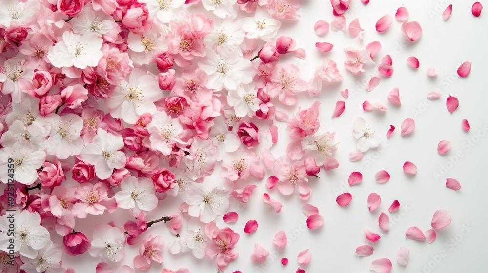 A cascade of pink and white spring tree blossoms and petals gracefully scattered on a white background, symbolizing the renewal and beauty of spring. A cascade of pink and white spring tree blossoms and petals gracefully scattered on a white background, symbolizing the renewal and beauty of spring.