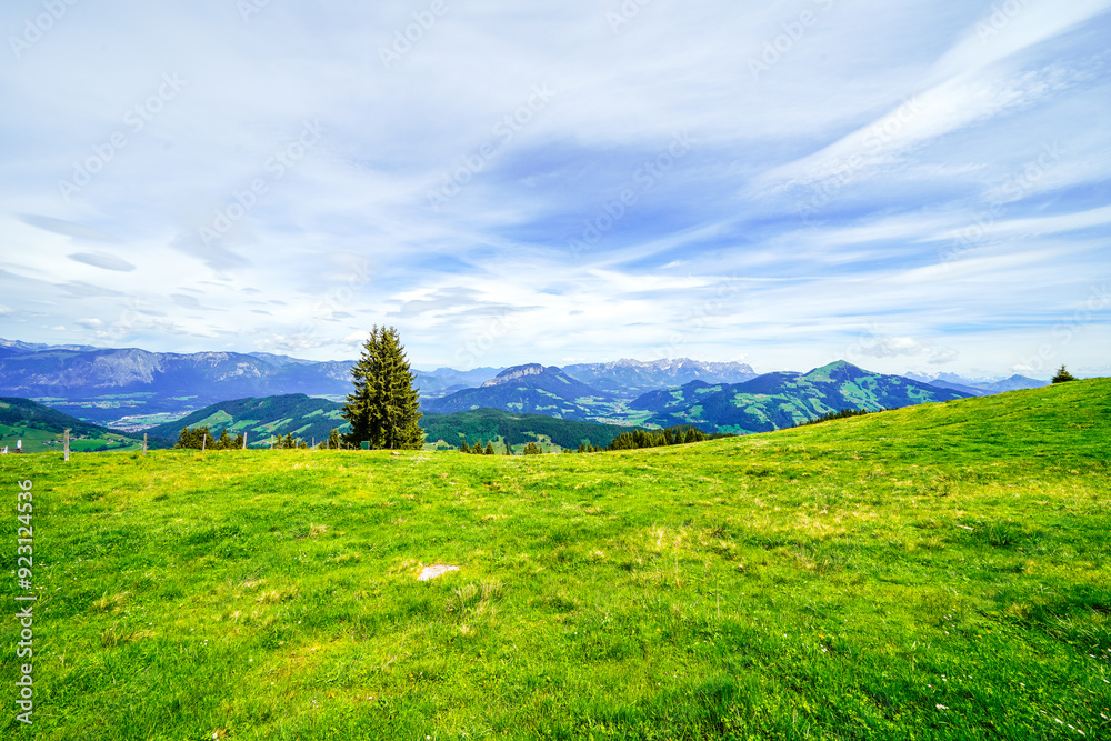 Obraz premium View of the landscape at Markbachjoch near Niederau. Nature and the surrounding mountains near Wildschönau in Tyrol. 