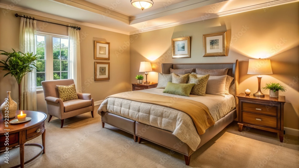 Cozy senior bedroom with a comfortable king-size mattress, plush pillows, and soft blankets, surrounded by warm lighting and soothing beige walls. Cozy senior bedroom with a comfortable king-size mattress, plush pillows, and soft blankets, surrounded by warm lighting and soothing beige walls.