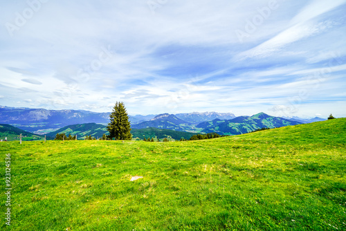 View of the landscape at Markbachjoch near Niederau. Nature and the surrounding mountains near Wildschönau in Tyrol.
 photo