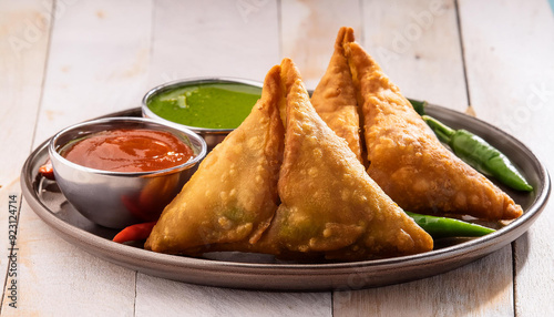 Veg Samosa - is a crispy and spicy Indian triangle shape snack which has crisp outer layer of maida filling of mashed potato, peas and spices