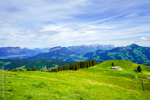 View of the landscape at Markbachjoch near Niederau. Nature and the surrounding mountains near Wildschönau in Tyrol. 