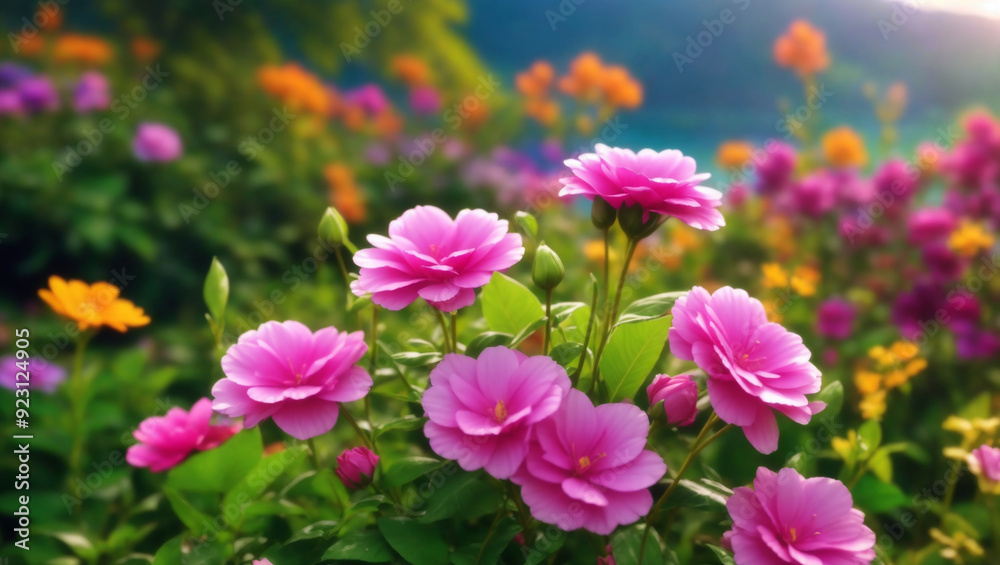 This is a picture of a lake with pink flowers and mountains in the background.
This is a picture of a lake with pink flowers and mountains in the background.