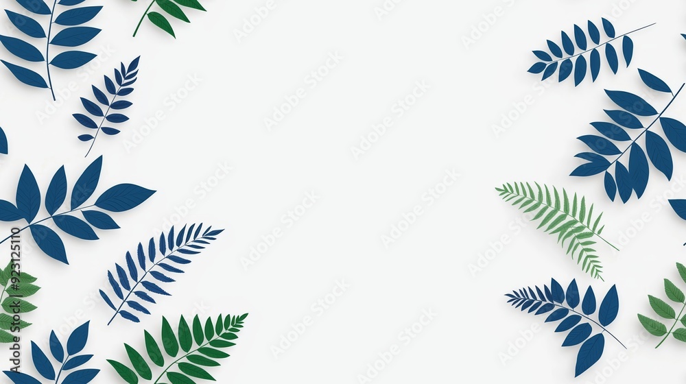 A vibrant arrangement of various leaves in green and blue colors on a clean white background, perfect for nature-themed designs.