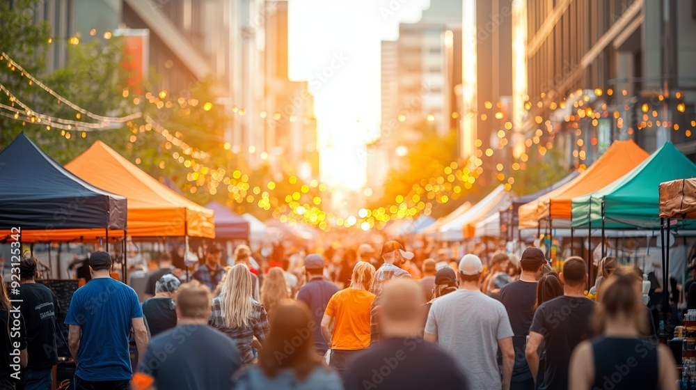 A vibrant city street filled with people enjoying a market at sunset, surrounded by colorful tents and festive lights.