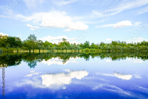 Landscape at the Feilenmoos local recreation area. Bathing lake between Manching and Geisenfeld. Nature at the quarry lake.
