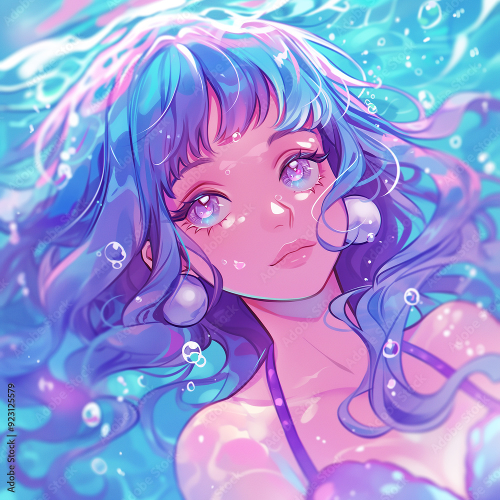 Unique Portrait of Anime Girl with Blue and Purple Hair Underwater
Unique Portrait of Anime Girl with Blue and Purple Hair Underwater