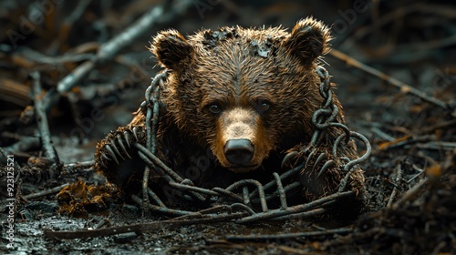 Caught in Chains: The Struggle of a Bear Trapped in a Harsh Wild Landscape Amidst Nature's Ransom photo