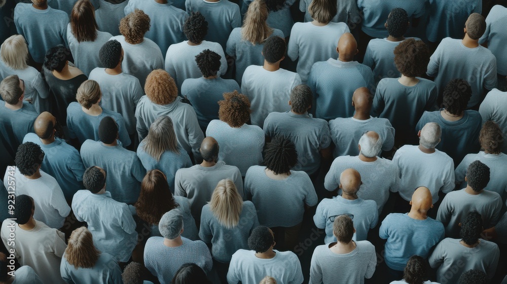 Fototapeta premium Aerial view of a large crowd of people, creating a textured background with a bird's-eye perspective, showcasing hundreds of individuals in a toned palette.