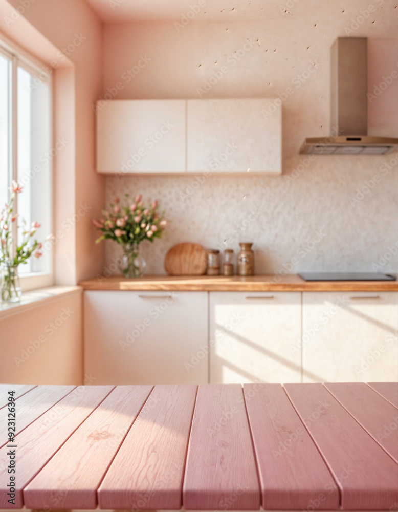 Green Empty wooden table with the bright white interior of the kitchen as a blurred background behind the bokeh golden sunshine Green Empty wooden table with the bright white interior of the kitchen as a blurred background behind the bokeh golden sunshine