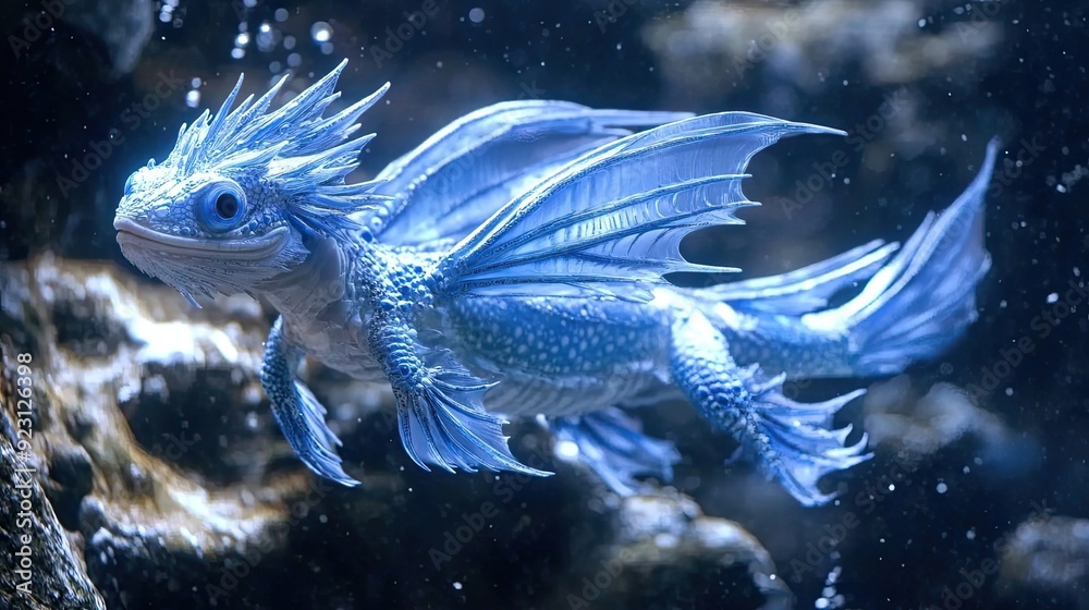 A Blue Dragonlet Swims Through a Dark, Specked Water