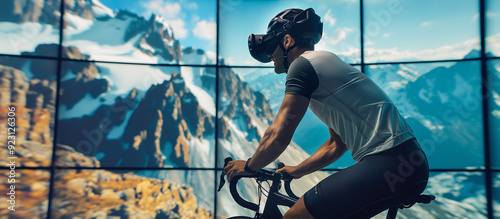 Futuristic Biking: Man in VR at the Foot of Majestic Mountains 