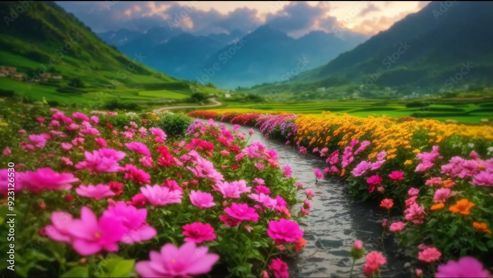 Obraz premium This is a picture of a lake with pink flowers and mountains in the background.